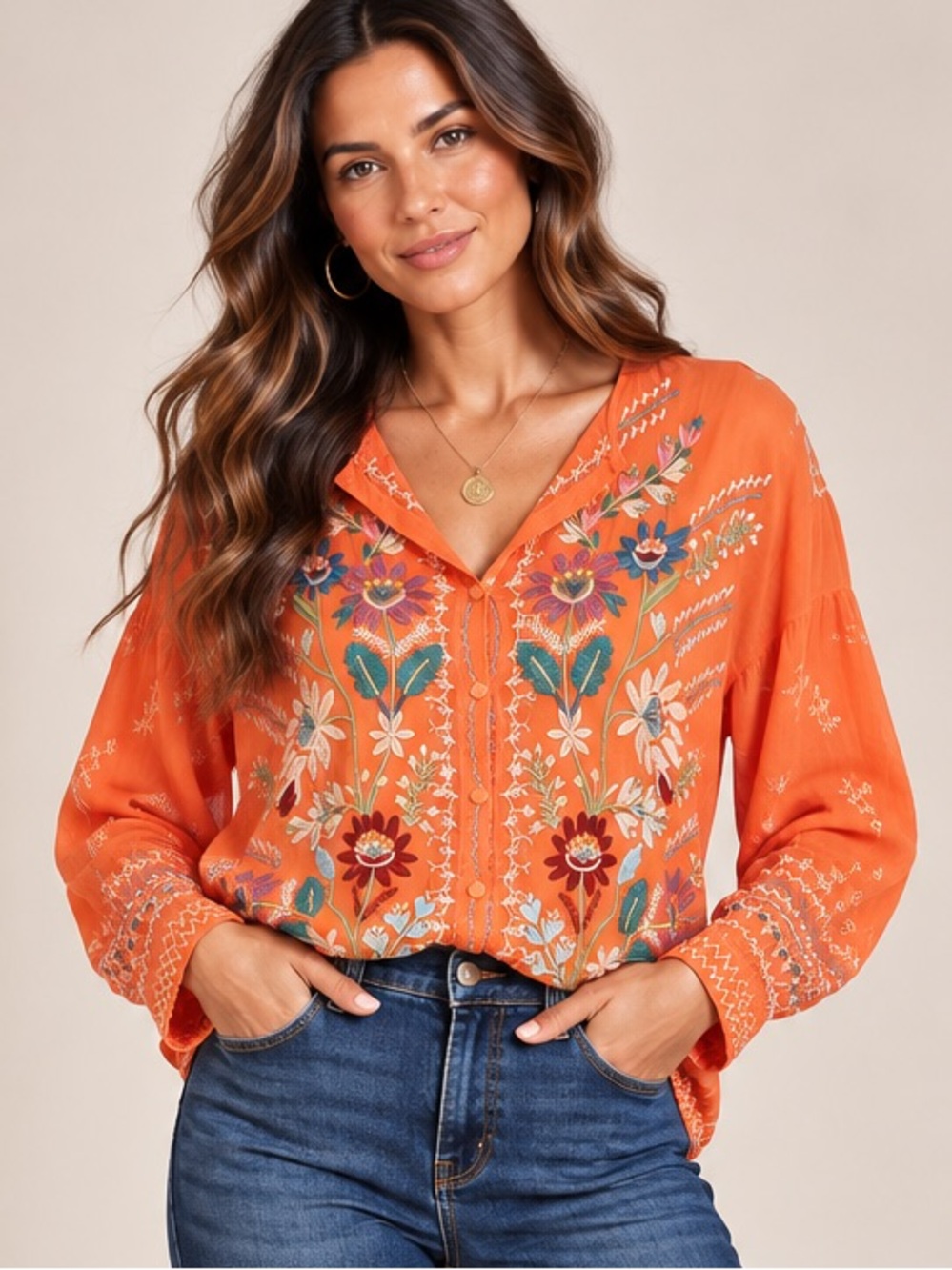 Johnny Was Cassia Button-Down Floral Embroidered Blouse Embroidered F
